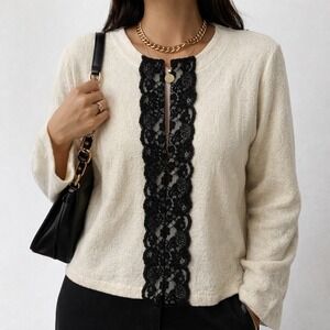 CITRON Santa Monica Cream Textured Cardigan Black Lace Trim Knit Sweater M Vtg